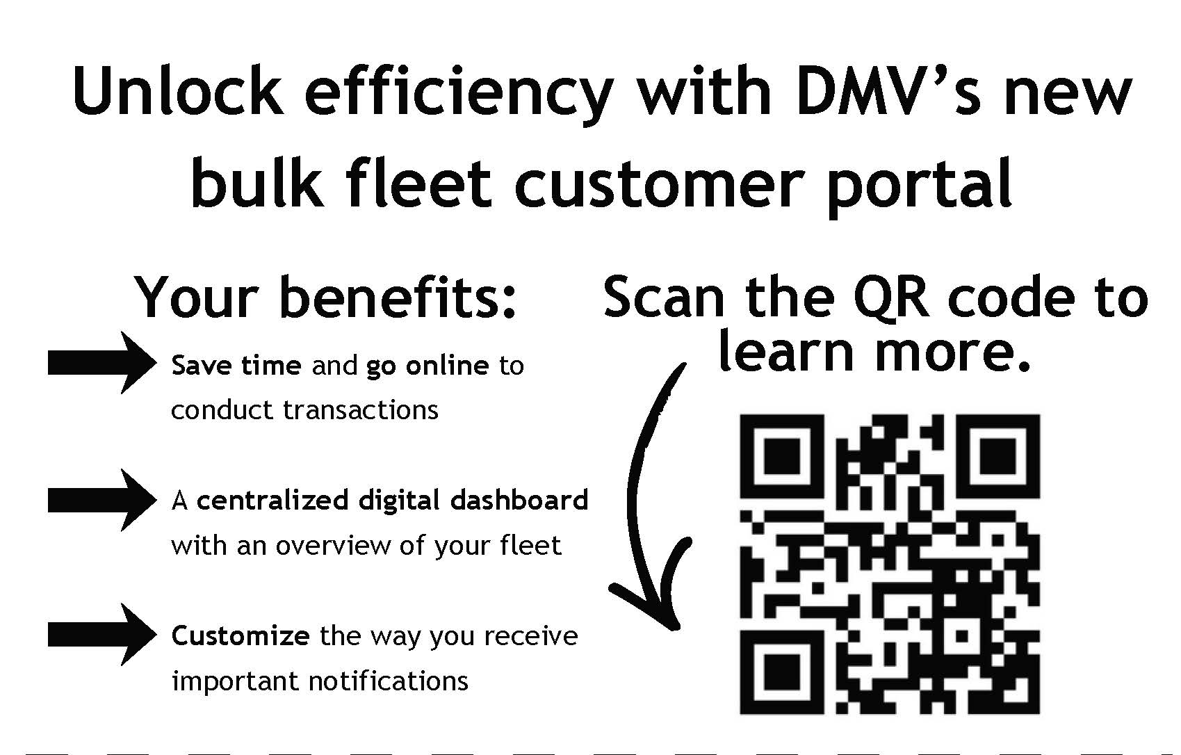 DMV new bulk fleet customer portal (QR code) Scan to learn more. Save time and go online. 